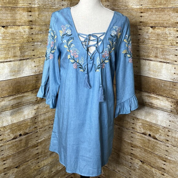 FLYING TOMATO FLORAL EMBROIDERED CHAMBRAY COASTAL WESTERN PASTEL BOHO DRESS MED - Picture 1 of 6